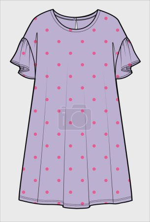 Illustration for DROP SHOULDER FRILL SLEEVES POLKA DOT KNIT DRESS FOR TEEN GIRLS AND YOUNG WOMEN - Royalty Free Image