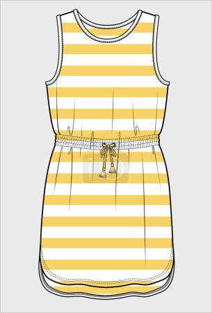 Illustration for STRIPE KNIT DRESS WITH ADJUSTABLE WAIST AND DOLPHIN HEMLINE DETAIL FOR TEEN GIRLS AND YOUNG WOMEN IN EDITABLE VECTOR - Royalty Free Image