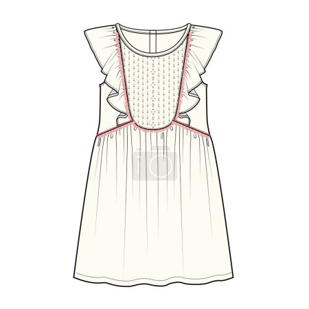 Illustration for FRILLED WOVEN DRESS WITH EMBROIDERED BIB AND POM POM LACE DETAIL FOR KID GIRLS AND TEEN GIRLS IN EDITABLE VECTOR - Royalty Free Image