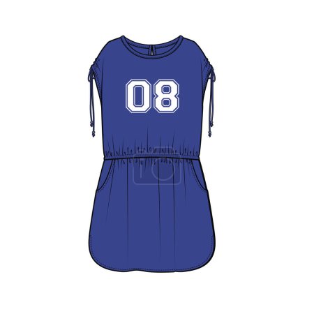 Illustration for VARSITY GRAPHIC SPORTY DROP SHOULDER ELASTICATED WAIST KNIT DRESS FOR TEEN GIRLS AND KID GIRLS IN EDITABLE VECTOR - Royalty Free Image