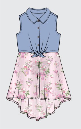 Illustration for DENIM DRESS WITH FLORAL PRINTS FOR GIRLS - Royalty Free Image