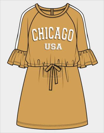 Illustration for TRENDY SPORTY RAGLAN SLEEVE TERRY DRESS FOR TEEN AND KID GIRLS IN EDITABLE VECTOR FILE - Royalty Free Image