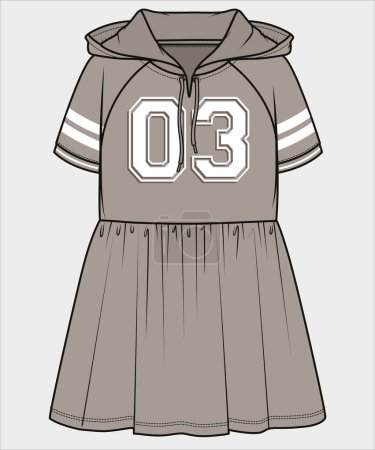 Illustration for TRENDY SPORTY RAGLAN SLEEVE TERRY HODED DRESS FOR TEEN AND KID GIRLS IN EDITABLE VECTOR FILE - Royalty Free Image