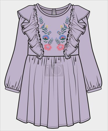 Illustration for THREAD EMBROIDERY DESIGN FRILLED DRESS FOR GIRLS IN EDITABLE VECTOR FILE - Royalty Free Image