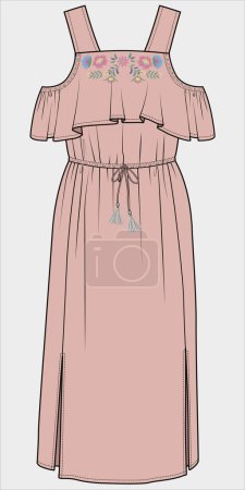 Illustration for RUFFLED EMBRIDERY LONG SUMMER DRESS FOR WOMEN AND TEEN GIRLS IN EDITABLE VECTOR FILE - Royalty Free Image
