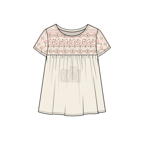 Illustration for EMBROIDERD YOKE TOP FOR KID GIRLS AND TEEN GIRLS IN EDITABLE VECTOR FILE - Royalty Free Image