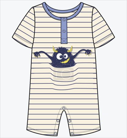 Illustration for STRIPER BODYSUIT WITH MONSTER ARTWORK DETAIL FOR BABY BOYS AND TODDLER BOYS IN EDITABLE VECTOR FILE - Royalty Free Image