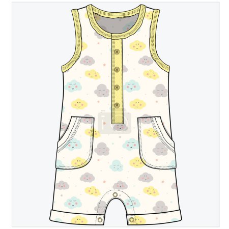 Illustration for CLOUD PRINTED BODYSUIT WITH PATCH POCKET DETAIL FOR BABY BOYS AND TODDLER BOYS IN EDITABLE VECTOR FILE - Royalty Free Image