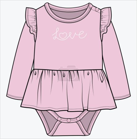Illustration for LONG SLEEVES MOCK DRESS BODYSUIT FOR BABY GIRLS AND TODDLER GIRLS IN EDITABLE VECTOR FILE - Royalty Free Image