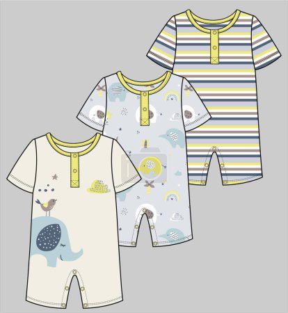 Illustration for SET OF THREE ROMPER FOR BOYS WITH A GRAPCHIC ROMPER, SEAMLESS PATTERN ROMPER AND STRIPER ROMPER - Royalty Free Image
