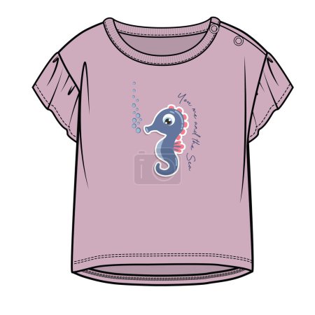 Illustration for SEA HORSE GRAPHIC DROP SLEEVES KNIT TOP FOR TODDLER GIRL AND BABY GIRL SET IN EDITABLE VECTOR - Royalty Free Image