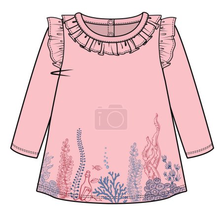 Illustration for LONG SLEEVES UNDER WATER GRAPHIC FOR TODDLER GIRL AND BABY GIRL SET IN EDITABLE VECTOR - Royalty Free Image