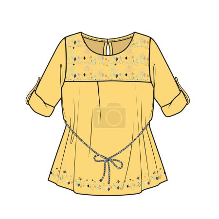 Illustration for TURN UP SLEEVES WOVEN TUNIC WITH EMBROIDERY DETAIL FOR KIDS TEENS AND TODDLERS GIRLS IN EDITABLE VECTOR FILE - Royalty Free Image