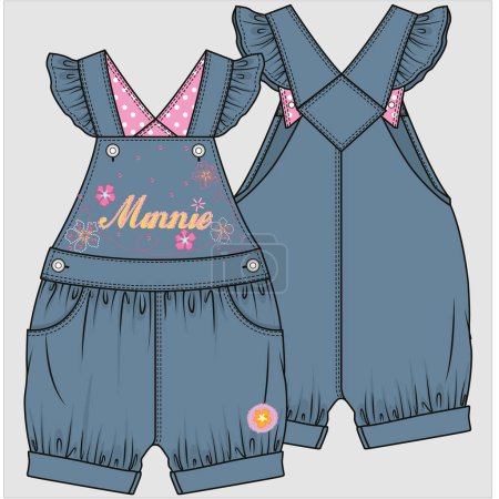 Illustration for EBROIDERED DENIM DUNGAREE WITH FRILLS AND FOR KID GIRLS AND TODDLER GIRLS IN EDITABLE VECTOR FILE - Royalty Free Image