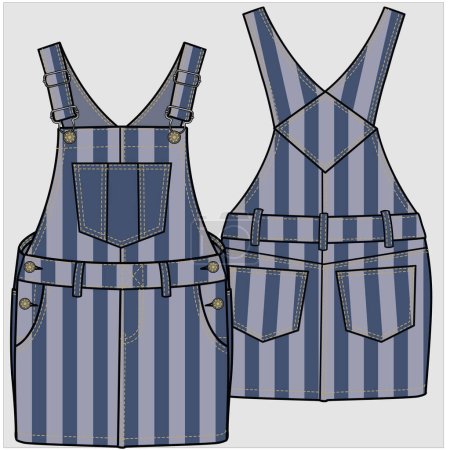 STRIPE PRINTED DENIM SKIRT DUNGAREE WITH POCKET FOR KID GIRLS AND TEEN GIRLS IN EDITABLE VECTOR FILE