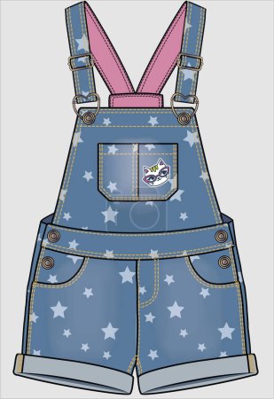 Illustration for STAR PRINTED DENIM SHORTS DUNGAREE WITH BADGE FOR KID GIRLS AND TEEN GIRLS IN EDITABLE VECTOR FILE - Royalty Free Image