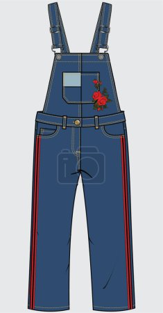 Illustration for DENIM LONG DUNGAREE WITH TONAL PATCH POCKET AND EMBROIDERED PATCH FOR KID GIRLS AND TEEN GIRLS IN EDITABLE VECTOR FILE - Royalty Free Image