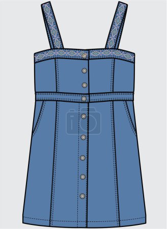 Illustration for DENIM SKIRT DUNGAREE WITH THREAD EMBROIDERY FOR KID GIRLS AND TEEN GIRLS IN EDITABLE VECTOR FILE - Royalty Free Image