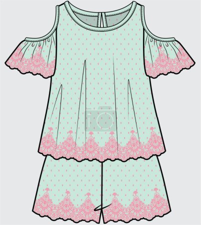 Téléchargez les illustrations : COLD SHOULDER SCALLOP BROIDERY AND LAYERED PLAYSUIT FOR KID GIRLS AND TEEN GIRLS IN EDITABLE VECTOR FILE - en licence libre de droit