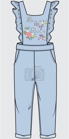 Illustration for DENIM LONG JUMPSUIT WITH EMBROIDERED OR KID GIRLS AND TEEN GIRLS IN EDITABLE VECTOR FILE - Royalty Free Image