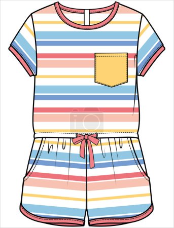 Illustration for SPORTY COLOURFUL STRIPE JUMPSUIT WITH BRIGHT POCKET DETAIL FOR KID GIRLS AND TEEN GIRLS IN EDITABLE VECTOR FILE - Royalty Free Image