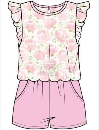 Illustration for DOUBLE LAYER FRILLED SLEEVES JUMPSUIT AND SCALLOP HEM FOR KID GIRLS AND TEEN GIRLS IN EDITABLE VECTOR FILE - Royalty Free Image