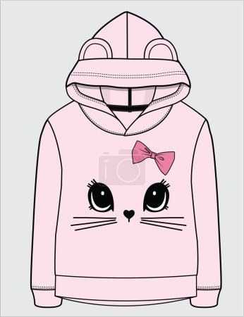 Illustration for GIRLS HOODIES WITH CUTE CAT PRINT AND BOW INEDITABLE VETOR FILE - Royalty Free Image