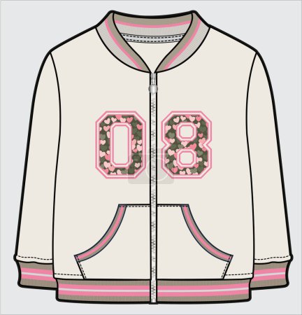 Illustration for VARSITY SWEAT TOP WITH ZIPPER FOR TEEN GIRLS AND KID GIRLS IN EDITABLE VECTOR FILE - Royalty Free Image