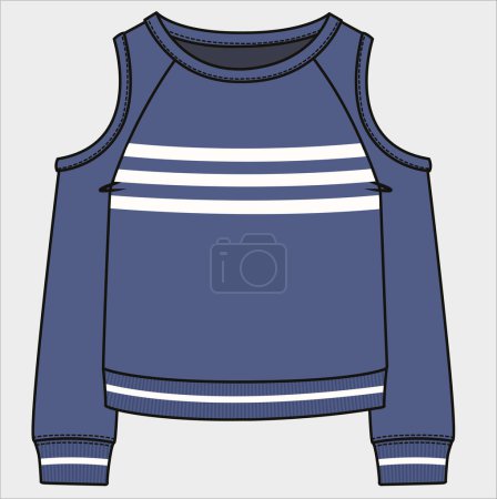 Illustration for SWEAT TOP WITH COLD SHOULDER WTH TIPPING DETAIL FOR KID GIRLS AND TEEN GIRLS IN EDITABLE VECTOR FILE - Royalty Free Image