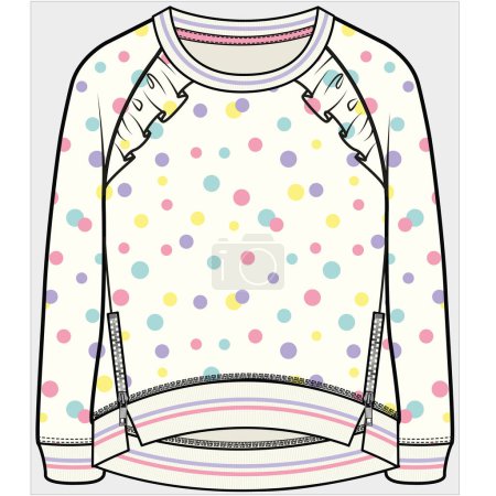 Illustration for COLORFULL POLKA DOT RAGLAN SLEEVES FRILLED SLEEVES SWEAT TOP FOR TEEN GIRLS AND KID GIRLS IN EDITABLE VECTOR FILE - Royalty Free Image