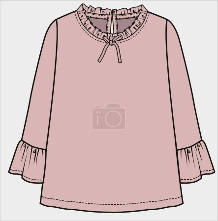 Illustration for FRILLED LONG SLEEVES BLOUSE WITH FRILLED NECKLINE FOR KID GIRLS AND TEEN GIRLS IN EDITABLE VECTOR FILE - Royalty Free Image
