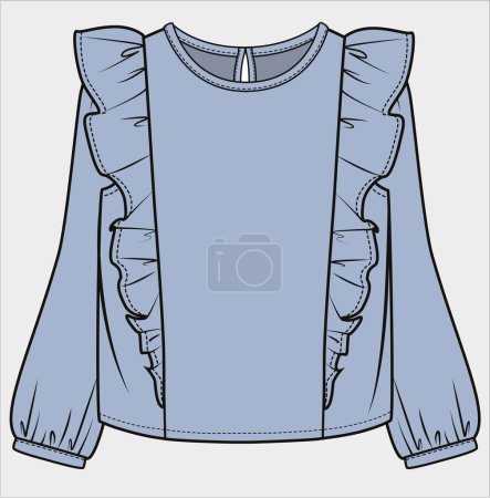 Illustration for LONG PUFFED SLEEVES BLOUSE WITH FRILLED DETAIL FOR KID GIRLS AND TEEN GIRLS IN EDITABLE VECTOR FILE - Royalty Free Image