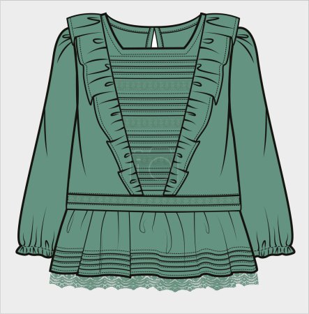 Illustration for FRILLED BLOUSE WITH PINTUCKS DETAIL FOR KID GIRLS AND TEEN GIRLS IN EDITABLE VECTOR FILE - Royalty Free Image