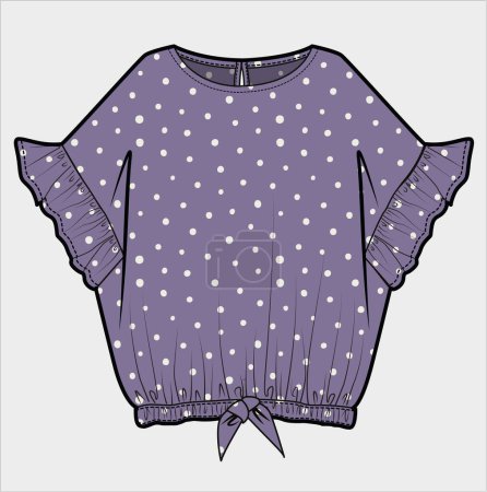 Illustration for POLKA DOT FRONT TIE UP FRILLED DOLMAN SLEEVES TOP FOR WOMEN AND TEEN GIRLS IN EDITABLE VECTOR FILE - Royalty Free Image