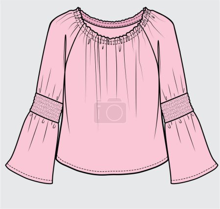 Illustration for RAGLAN SLEEVES SMOCKED WOVEN TOP FOR TEEN GIRLS AND KID GIRLS IN EDITABLE VECTOR FILE - Royalty Free Image