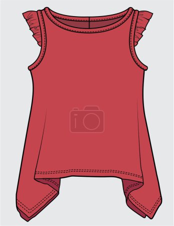 Illustration for FRILLED SLEEVE HANDKERCHIEF HEMLINE WOVEN TOP FOR TEEN AND KID GIRLS IN EDITABLE VECTOR FILE - Royalty Free Image