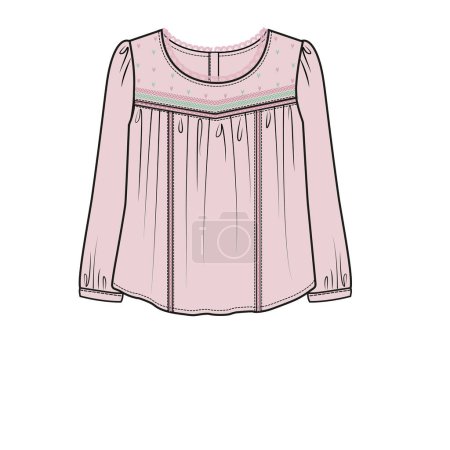 Illustration for LONG SLEEVES EMBROIDERED YOKE WITH LACE DETAIL WOVEN TOP FOR KID GIRLS AND TEEN GIRLS IN EDITABLE VECTOR FILE - Royalty Free Image