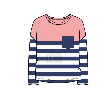 Illustration for STRIPER TEE WTH CONTRAST POCKET FOR KID GIRLS AND TEEN GIRLS IN EDITABLE VECTOR FILE - Royalty Free Image