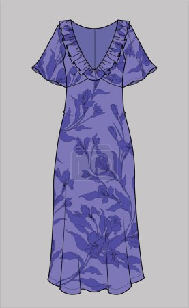 Illustration for Blue floral dress for women and teen girls in editable vector file - Royalty Free Image