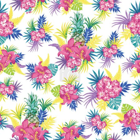 Téléchargez les illustrations : Illustration colorée de motif floral tropical sans couture - en licence libre de droit