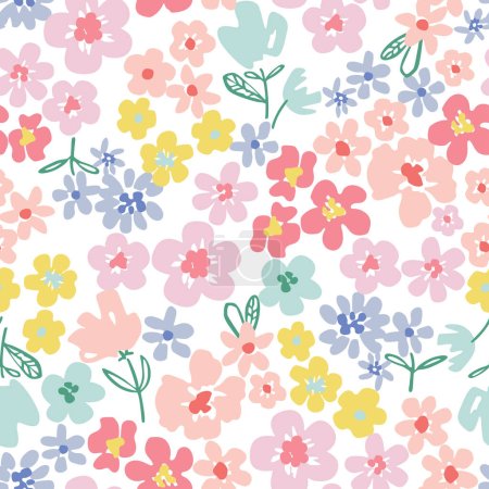 Téléchargez les illustrations : Motif floral sans couture avec des fleurs colorées, dessin d'illustration vectorielle - en licence libre de droit
