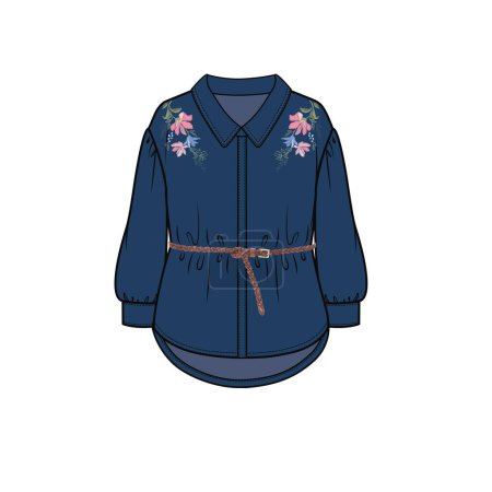 Illustration for DROP SHOLDER EMBROIDERED DENIM TUNIC FOR KID GIRLS AND TEEN GIRLS IN EDITABLE VECTOR FILE - Royalty Free Image