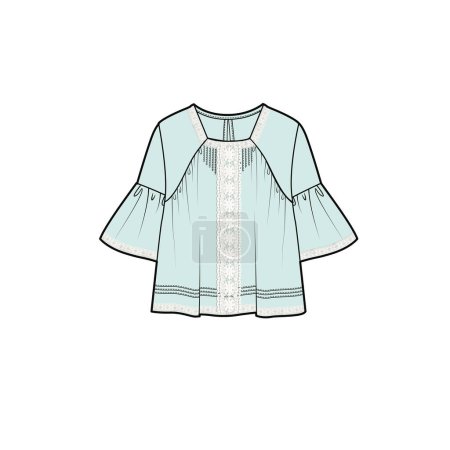 Illustration for FRILLED SLEEVES WOVEN TOP WITH LACE FOR WOMEN AND TEEN GIRLS IN EDITABLE VECTOR - Royalty Free Image