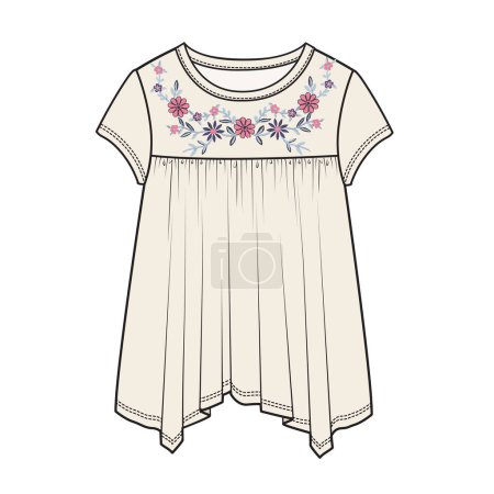 Illustration for KNIT TOP WITH HANDKERCHIEF HEMLINE AND EMBROIDERY DETAIL - Royalty Free Image
