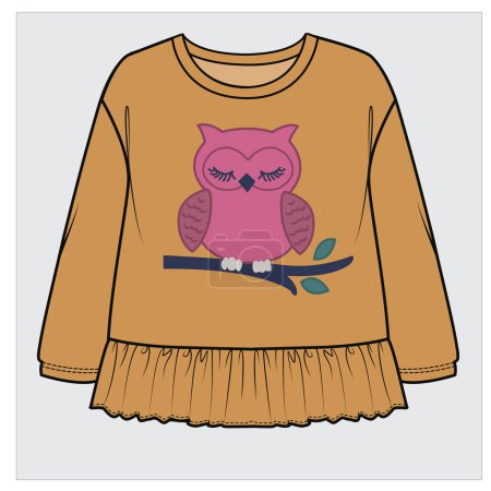 Illustration for FRILLED SWEAT TOP WITH OWL APPLIQUE FOR KID GIRLS AND TODLER GIRLS IN EDITABLE VECTOR FILE - Royalty Free Image