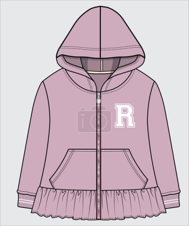 Illustration for FRILLED VARSITY HOODED SWEAT TOP FOR KID GIRLS AND TODDLER GIRLS IN EDITABLE VECTOR FILE - Royalty Free Image