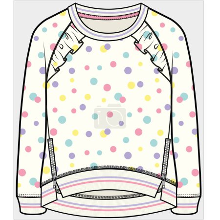 Illustration for COLORFUL POLKA DOT RAGLAN SLEEVES FRILLED SLEEVES SWEAT TOP FOR TEEN GIRLS AND KID GIRLS IN EDITABLE VECTOR FILE - Royalty Free Image