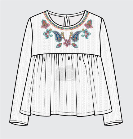 Téléchargez les illustrations : BRODERED YOKE WOVEN TOP FOR KID GIRLS AND TEEN GIRLS IN EDITABLE VECTOR FILE - en licence libre de droit