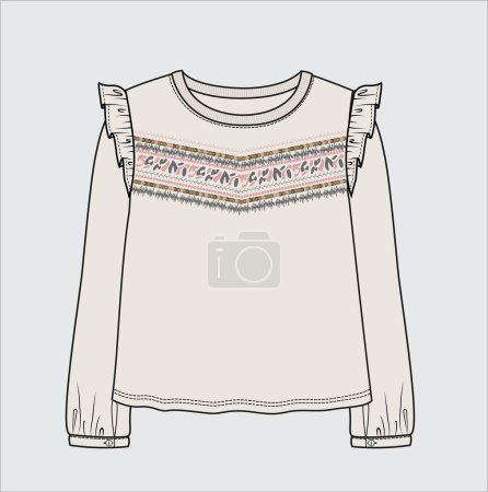 Illustration for EMBROIDERED LONG SLEEVES KNIT TOP FOR TEEN GIRLS AND KID GIRLS IN EDITABLE VECTOR FILE - Royalty Free Image