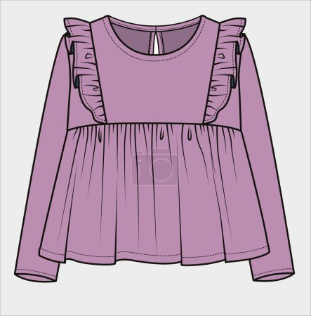 Illustration for EMPIRE CUT FRILLED LONG SLEEVES BLOUSE FOR KID GIRLS AND TEEN GIRLS IN EDITABLEVECTOR FILE - Royalty Free Image